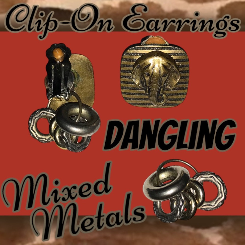 SALE | 80s Brutalist Elephant Safari Detachable Dangling Hoop Clip-On Earrings - Picture 3 of 8